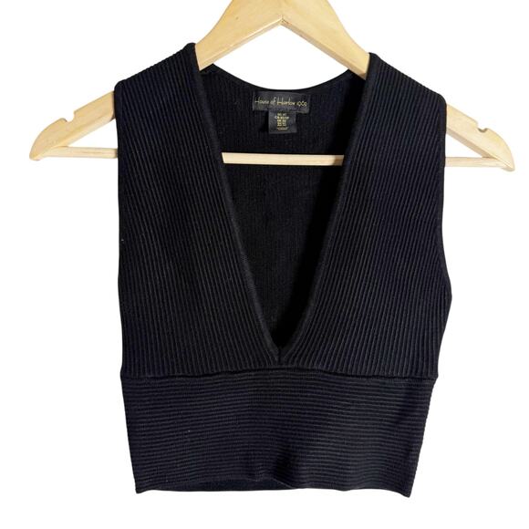 House of Harlow 1960 Revolve Black Ribbed Knit Deep V-Neck Cropped Tank Top XS - Picture 1 of 6